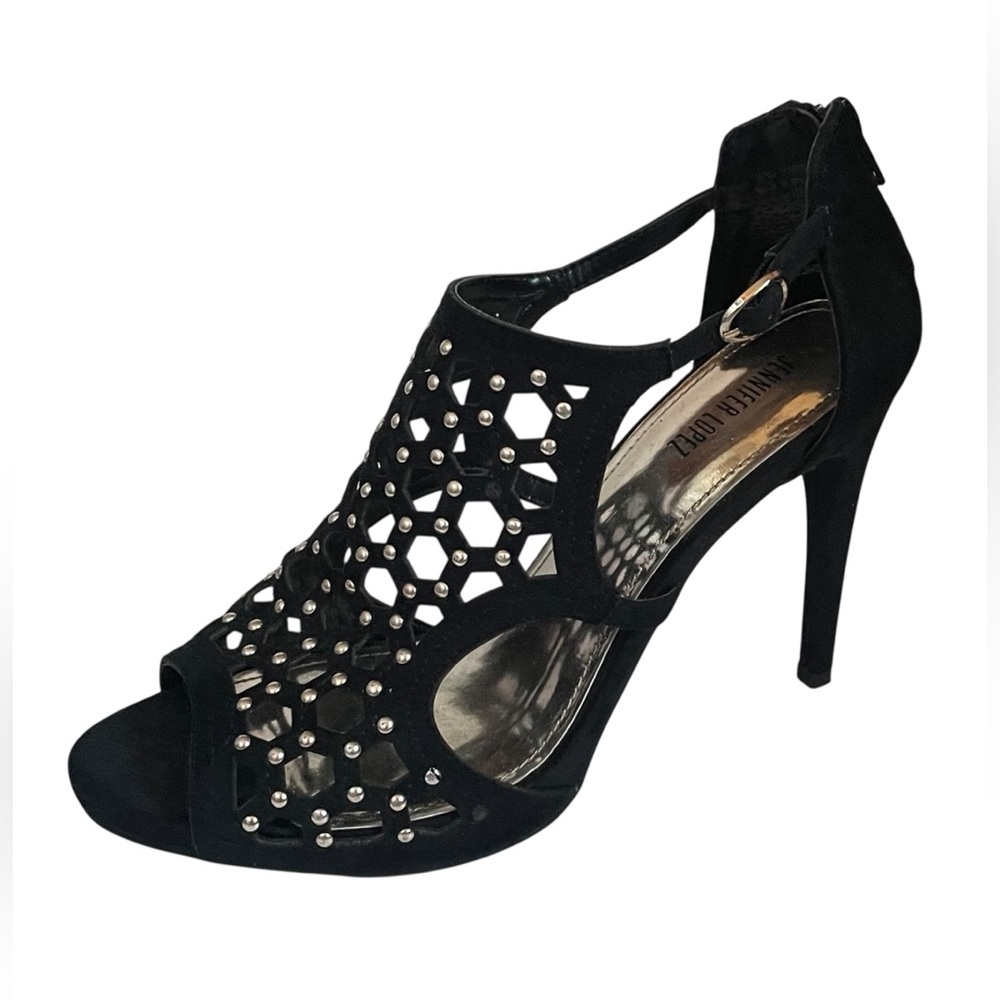 Jennifer Lopez Bayles Suede Studded Cut Out Black Stilettos Heels